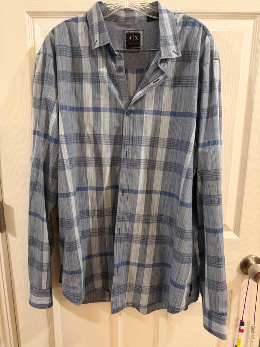 Armani Exchange Light Blue and Navy Plaid Men's Button-Up Shirt